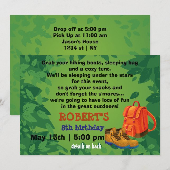 Convite de Aniversário do BackPack e do Boots Camp (Frente/Verso)