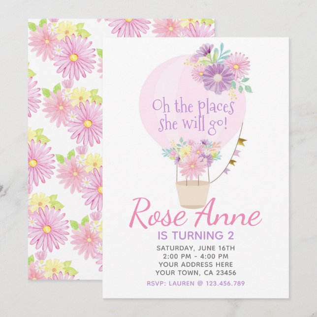 Convite de Aniversário do Balão de Ar Quente (Frente/Verso)