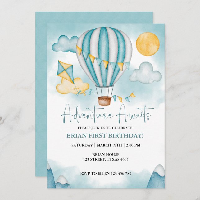 Convite de Aniversário do Balão de Ar Quente da Aq (Frente/Verso)