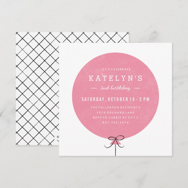 Convite de aniversário do balão - Rosa (Frente/Verso)