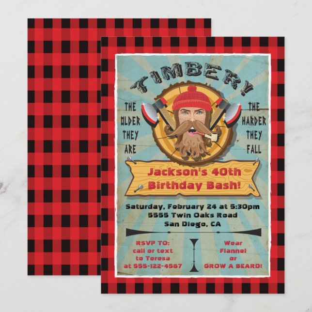 Convite de Aniversário do Barbudão Lenhador Hipste (Frente/Verso)
