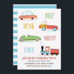 Convite de aniversário do Beep Honk Chooo Kid<br><div class="desc">Um convite de aniversário de criança com carro de corrida,  trem.</div>