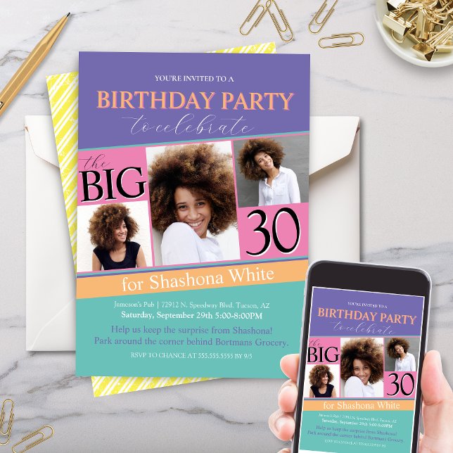 Convite de Aniversário do Bloco de Cores dos anos  (colorful 80s 90s vintage throwback birthday party invitations with 3 photo collage for any age)