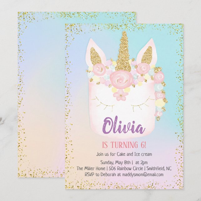 Convite de Aniversário do Bolo Arco-Íris Unicórnio (Frente/Verso)