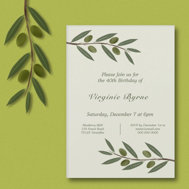 Convite de Aniversário do Branch Olive Branch Birt (Watercolor Olive Branch Birthday Invitation)