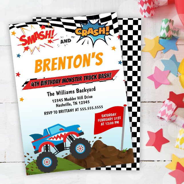 Convite de Aniversário do Caminhão Monstro (Boys Monster Truck Birthday Invitation)