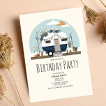 Convite de aniversário do Camper Azul Vintage Boho<br><div class="desc">Ilustração de uma camisa azul e branca,  inspirada nos anos 70,  decorada com bruxelas,  balões,  verde botânico,  macrame,  cacto,  pampas e plantas cercadas.</div>