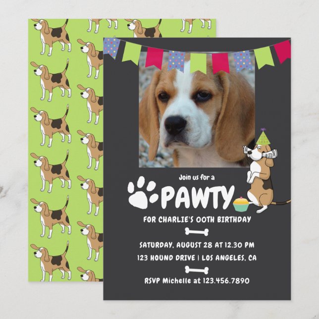 Convite de aniversário do cão Beagle (Frente/Verso)