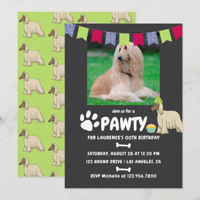 Convite de aniversário do cão da raça Afghan Hound (Frente/Verso)