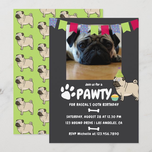 Convite de aniversário do cão Pug (Frente/Verso)