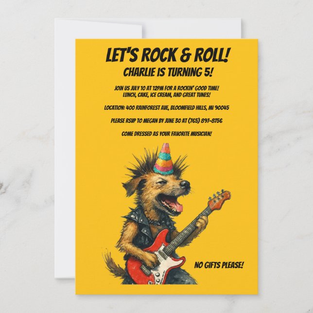 Convite de Aniversário do Cão Rocker (Frente)