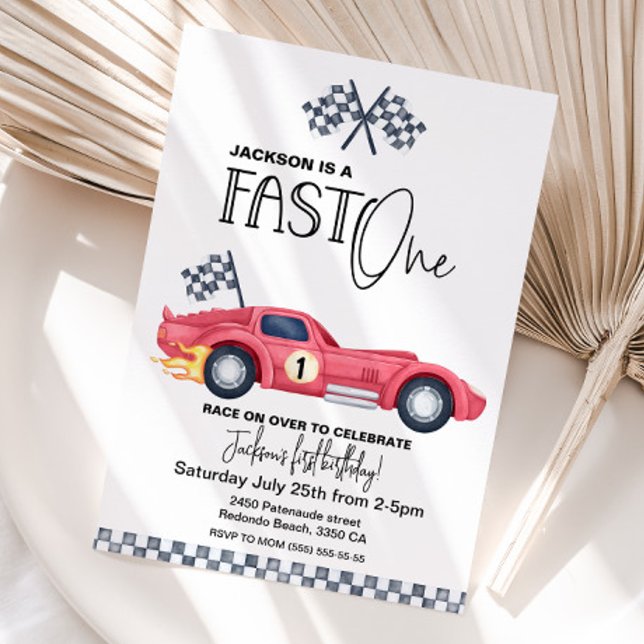 Convite de aniversário do carro de corrida vermelh (Red Race Car invitation FAST ONE)