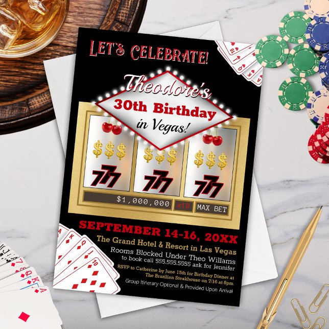 Convite de Aniversário do Casino de Las Vegas (Personalized Casino Theme Birthday Invitation with Slot Machine for Las Vegas Gambling Party)