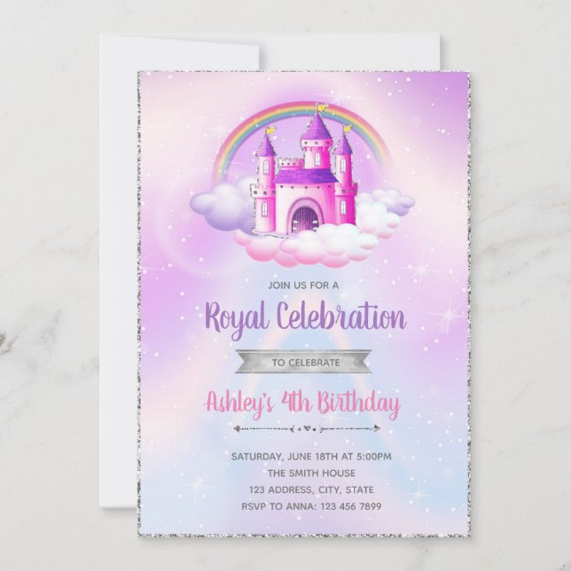 Convite de aniversário do castelo tema prata roxa (Frente)
