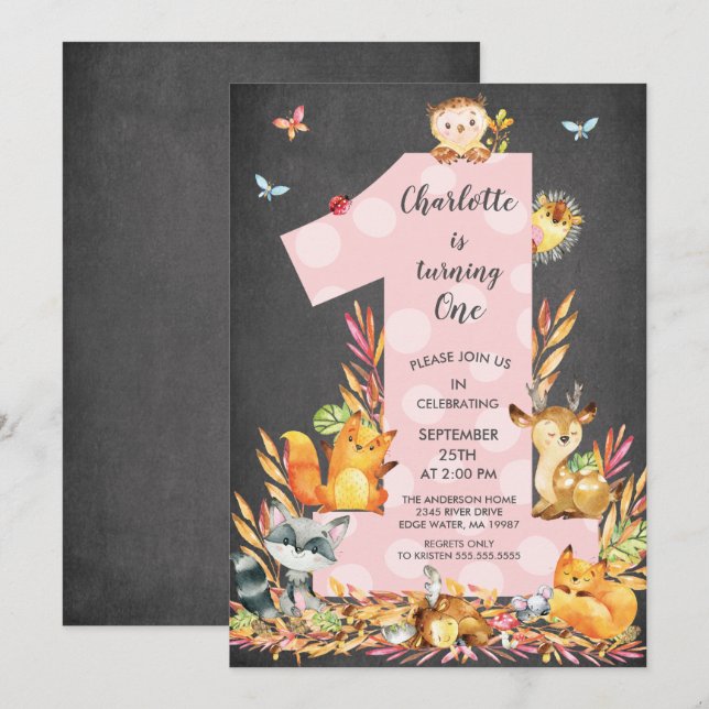 Convite de Aniversário do Chalkboard Woodland One  (Frente/Verso)