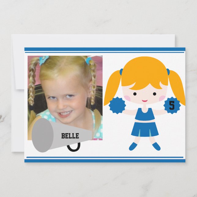 Convite de Aniversário do Cheerleader Azul de Foto (Frente)