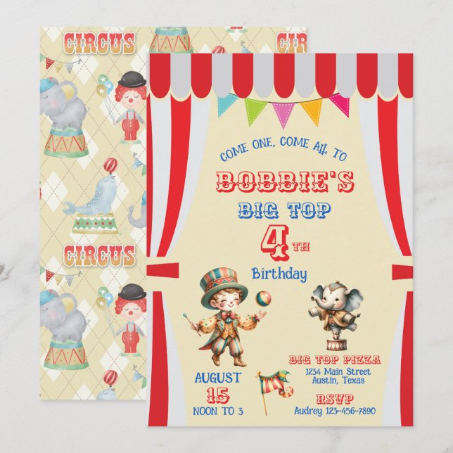 Convite de Aniversário do Circo Big Top (Frente/Verso)