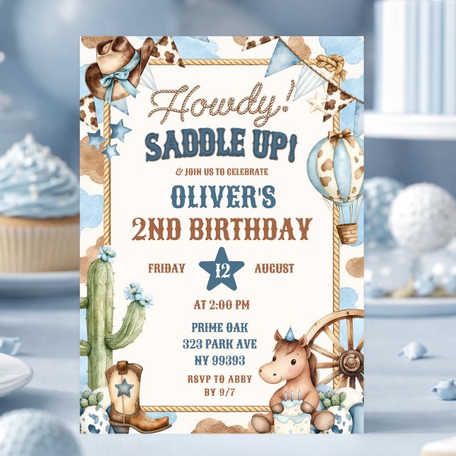 Convite de Aniversário do Cowboy Azul Howdy (Criador carregado)