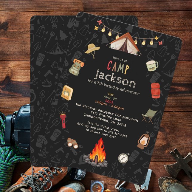 Convite de Aniversário do Criança (Enjoy an unforgettable camp birthday party with this fun invitation template.)