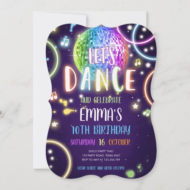 Convite de Aniversário do Dance Party Neon Glow Di (Frente)