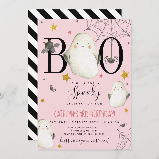 Convite de Aniversário do Dia das Bruxas Rosa (Frente/Verso)