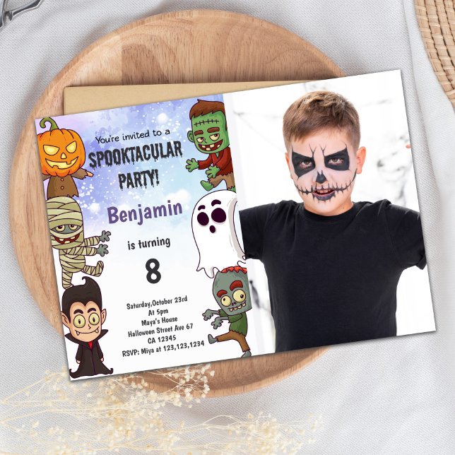 Convite de Aniversário do Dia das Bruxas Spooky co (Spooky Halloween Birthday Invitations with Photo)