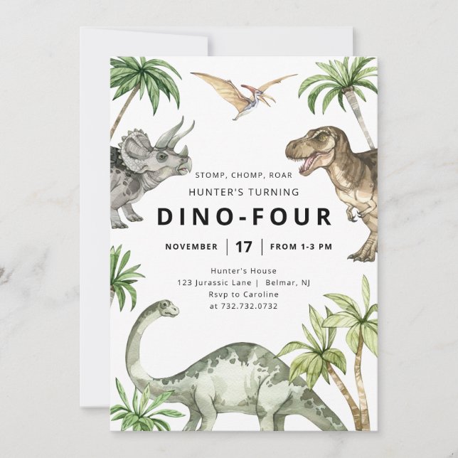 Convite de Aniversário do Dino-Quatro Dinossauro (Frente)
