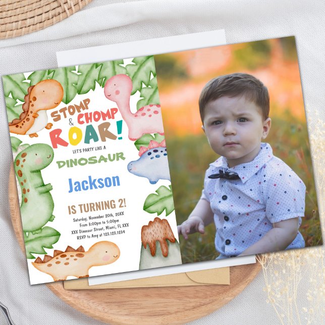 Convite de Aniversário do Dinossaur com Foto (Pastil Color Dinosaur Birthday Invitations w photo)