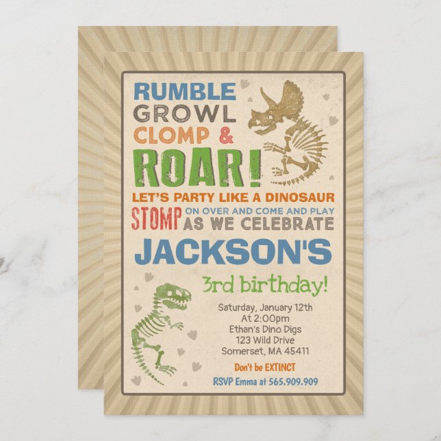 Convite de aniversário do Dinossaur Festa Fóssil d (Frente/Verso)