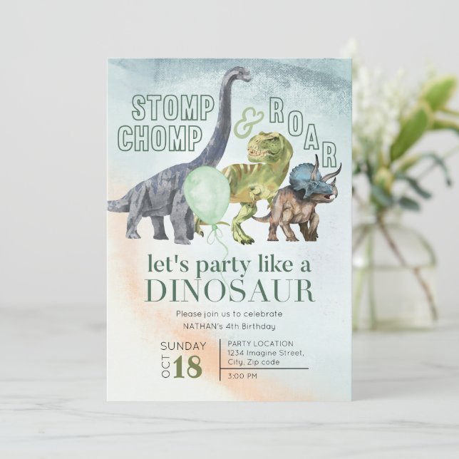 Convite de aniversário do Dinossaur, Stomp Chomp e (Em pé/Frente)