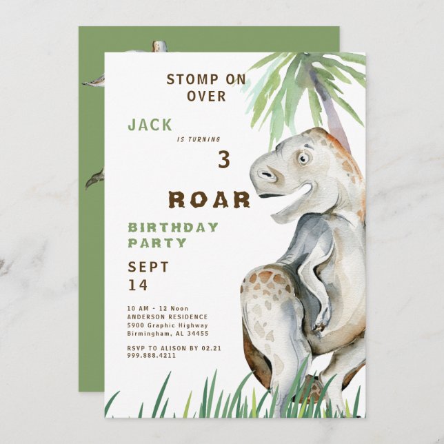 Convite de aniversário do Dinossaur T-rex (Frente/Verso)