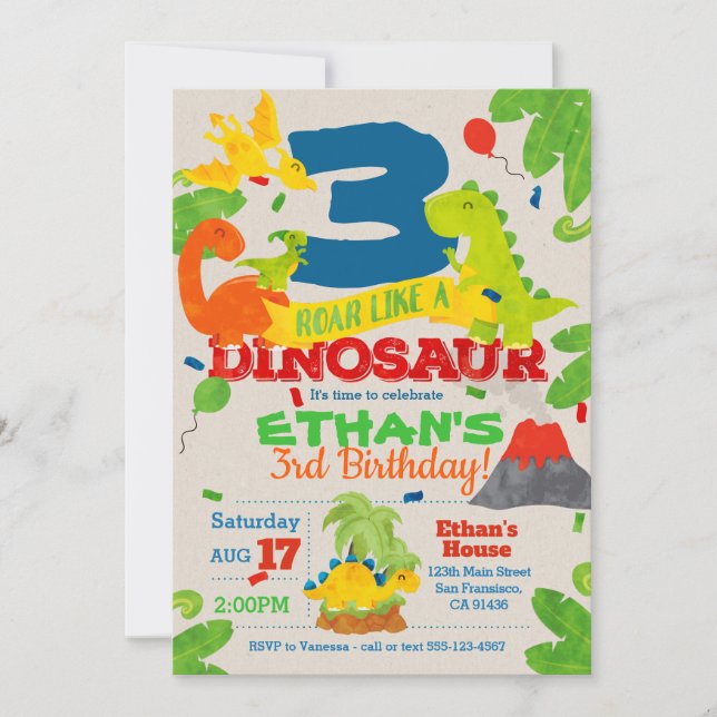 Convite de aniversário do dinossauro (Frente)
