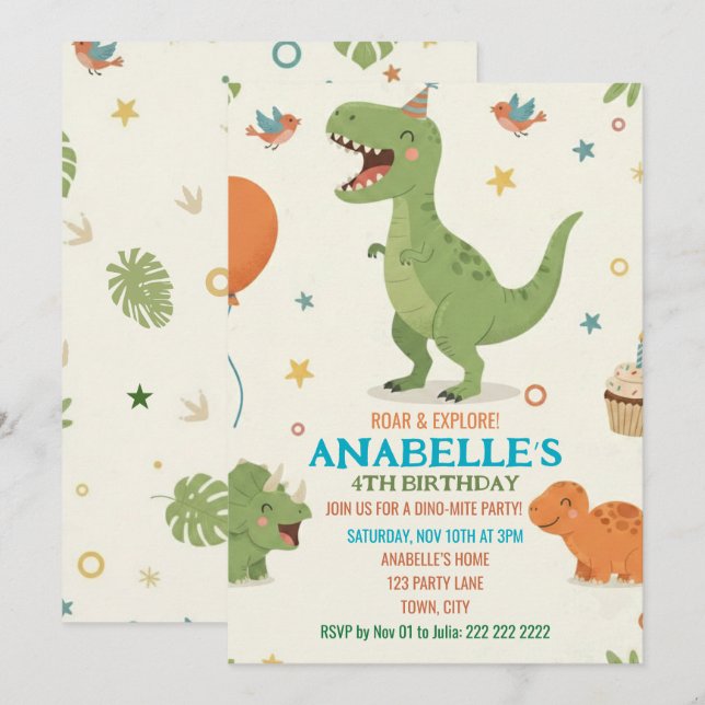 Convite de Aniversário do Dinossauro Bonitinho (Frente/Verso)