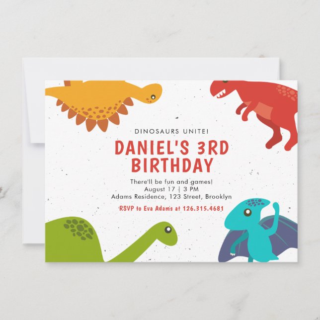 Convite de Aniversário do Dinossauro Branco e Verm (Frente)