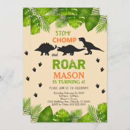 Convite de Aniversário do Dinossauro com Folhas