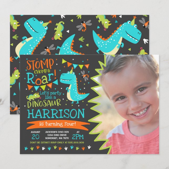 Convite de aniversário do dinossauro Festa de rugi (Frente/Verso)