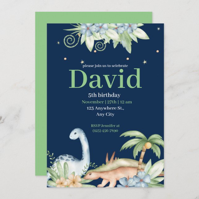 Convite de Aniversário do Dinossauro Floral Verde  (Frente/Verso)
