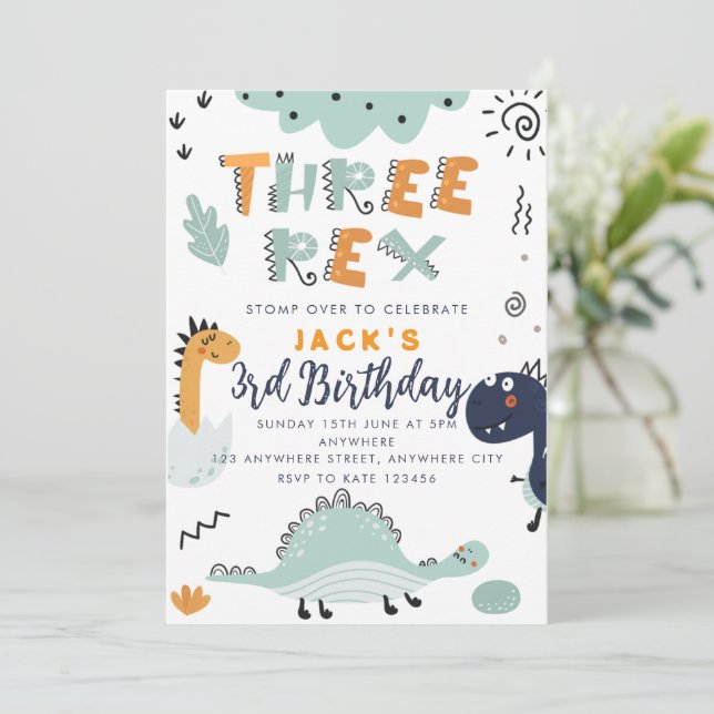 Convite de Aniversário do Dinossauro Fofo Três Rex (Em pé/Frente)