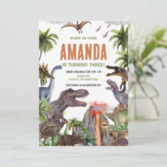 Convite De Aniversário Do Dinossauro, Jovem Aniver (Em pé/Frente)