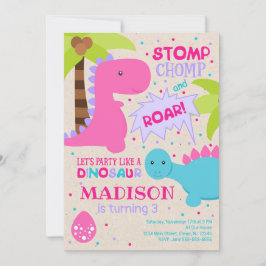 Convite de aniversário do dinossauro para uma garo