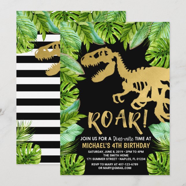 Convite de Aniversário do Dinossauro Roar Dino Par (Frente/Verso)