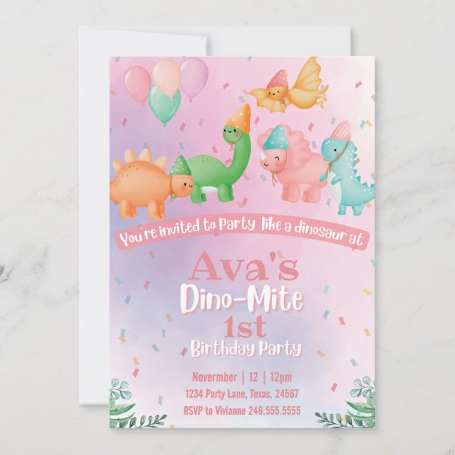 Convite de Aniversário do Dinossauro Rosa (Frente)