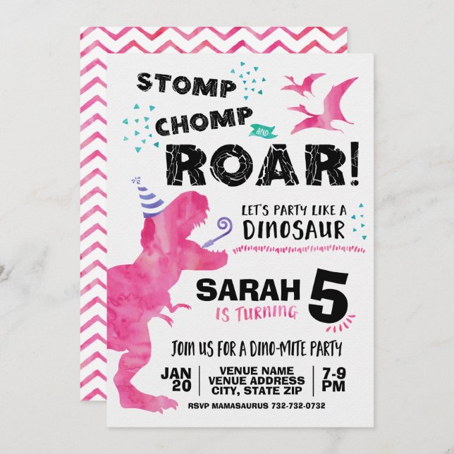 Convite de Aniversário do Dinossauro Rosa (Frente/Verso)