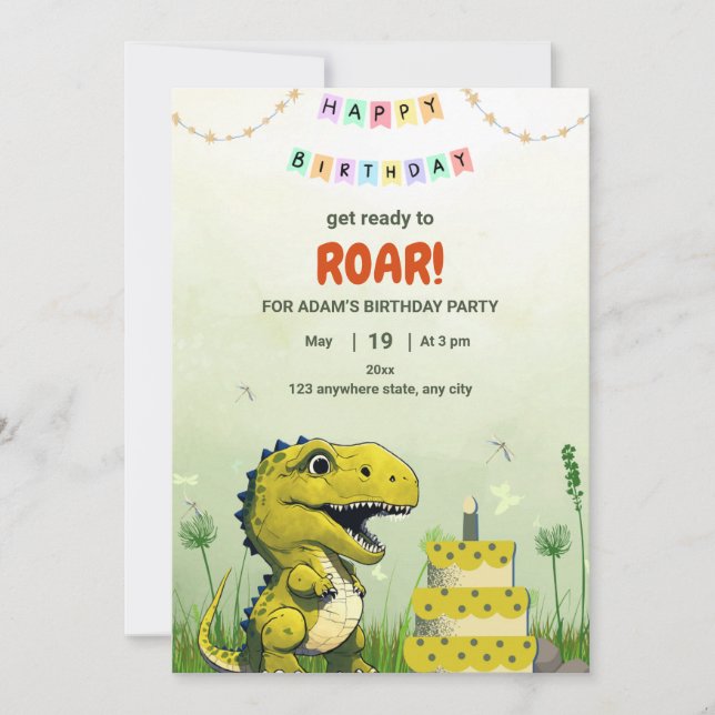 Convite de aniversário do dinossauro T rex menino  (Frente)