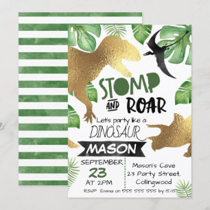 Convite de aniversário do Dinossauro Verde Dourad