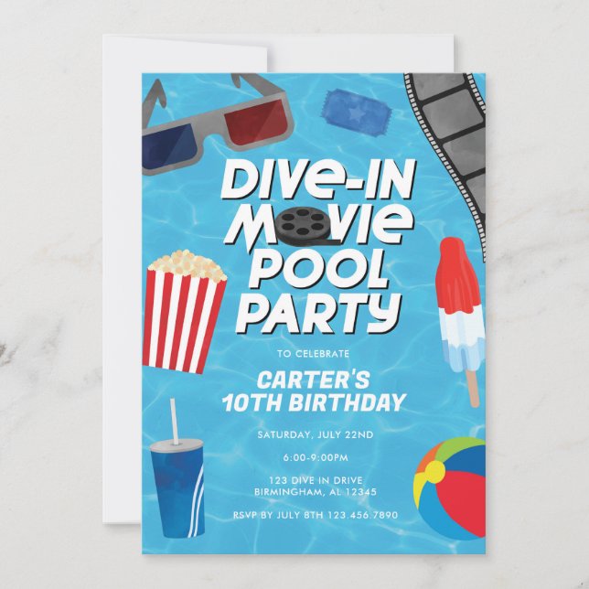 Convite De Aniversário Do Dive In Movie Piscina Pa (Frente)