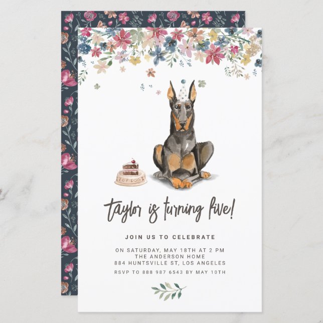 Convite de Aniversário do Doberman Pinscher Dog (Frente/Verso)