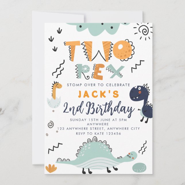 Convite de Aniversário do Dois Rex Dinossauro Fofo (Frente)