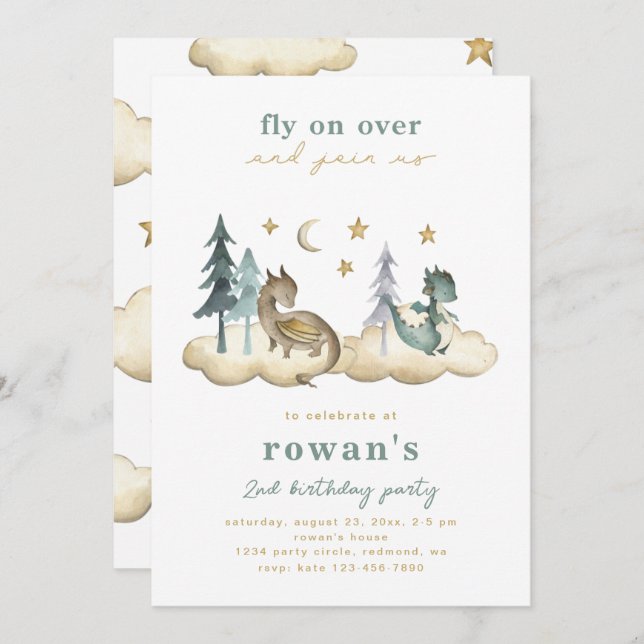 Convite de aniversário do dragão | Convite para dr (Frente/Verso)