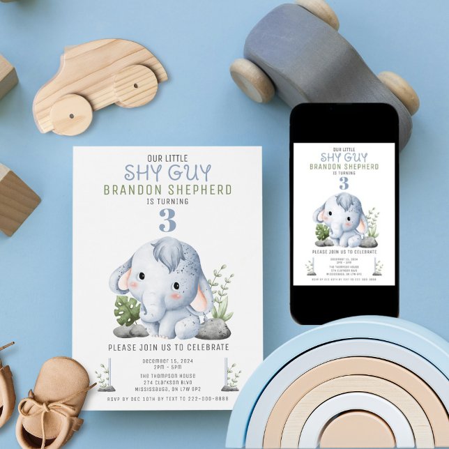 Convite de Aniversário do Elefante Tímido (An adorable birthday theme to celebrate the little shy guy in your family.)